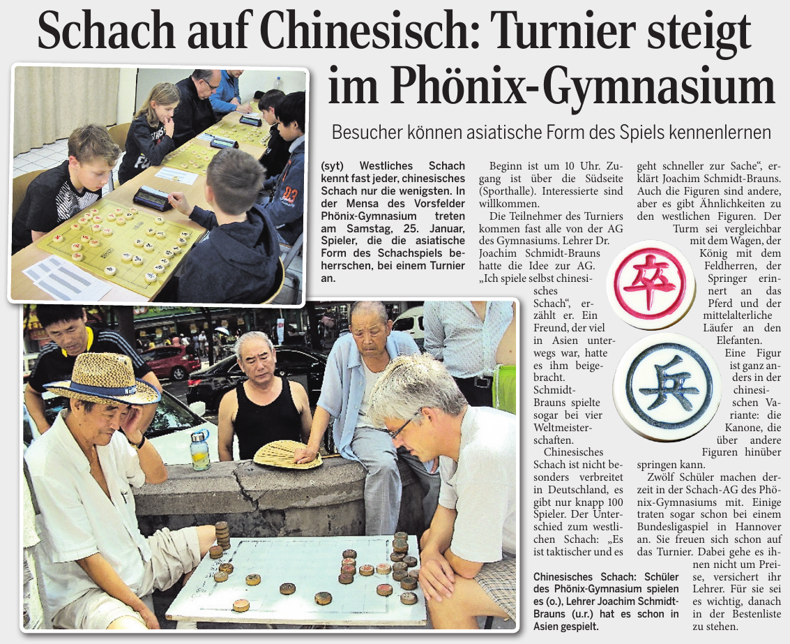 Quelle: Turnier: Schach auf Chinesisch: Turnier steigt im Phönix-Gymnasium, in: Wolfsburger Allgemeine Zeitung, vom 23. Januar 2014, S. 18